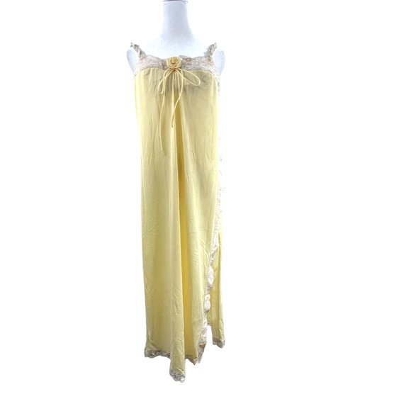 VTG 60s 70s Maxi Full Slip Dress Yellow Sz M Petticoat Lace Long Side Slit Rose - Picture 1 of 7